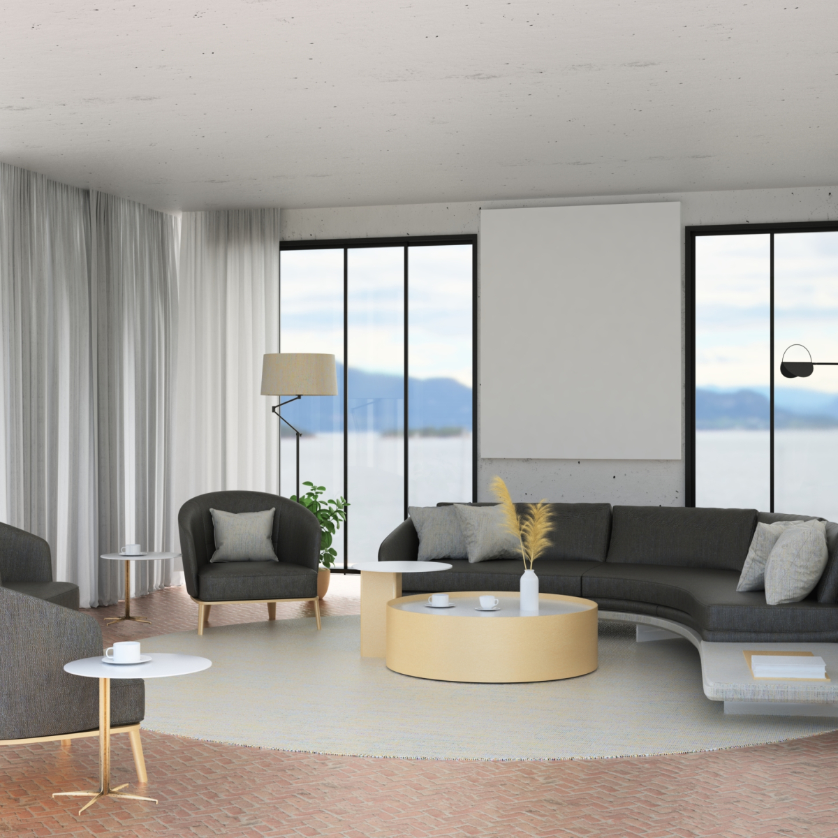 3D illustration, Mockup photo frame on the wall of lounge or living room, Interior of comfortable with luxury sofa and beautiful furniture, rendering